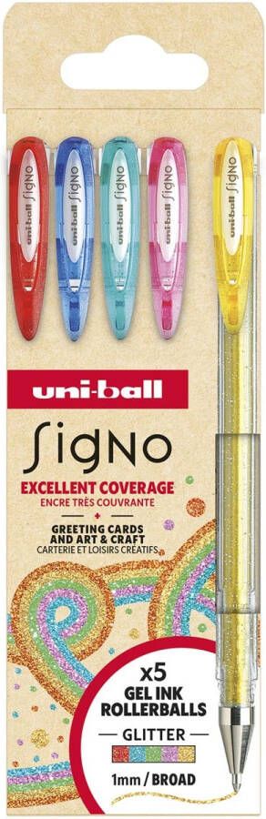 Uni-ball roller Signo Glitter brede punt geassorteerde kleuren etui van 5 stuks