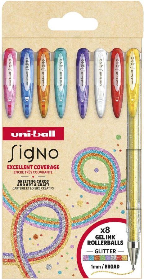 Uni-ball roller Signo Glitter pointe large geassorteerde kleuren etui van 8 stuks