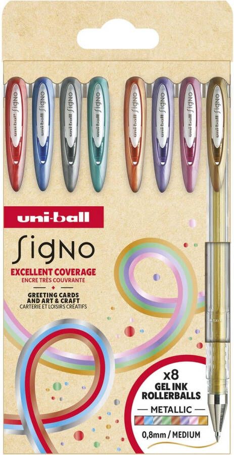 Uni-ball roller Signo Metallic medium punt geassorteerde kleuren etui van 8 stuks