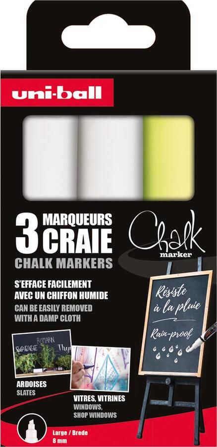 Uni-Ball krijtmarker beitelvormige punt 8 mm etui met 3 stuks assorti