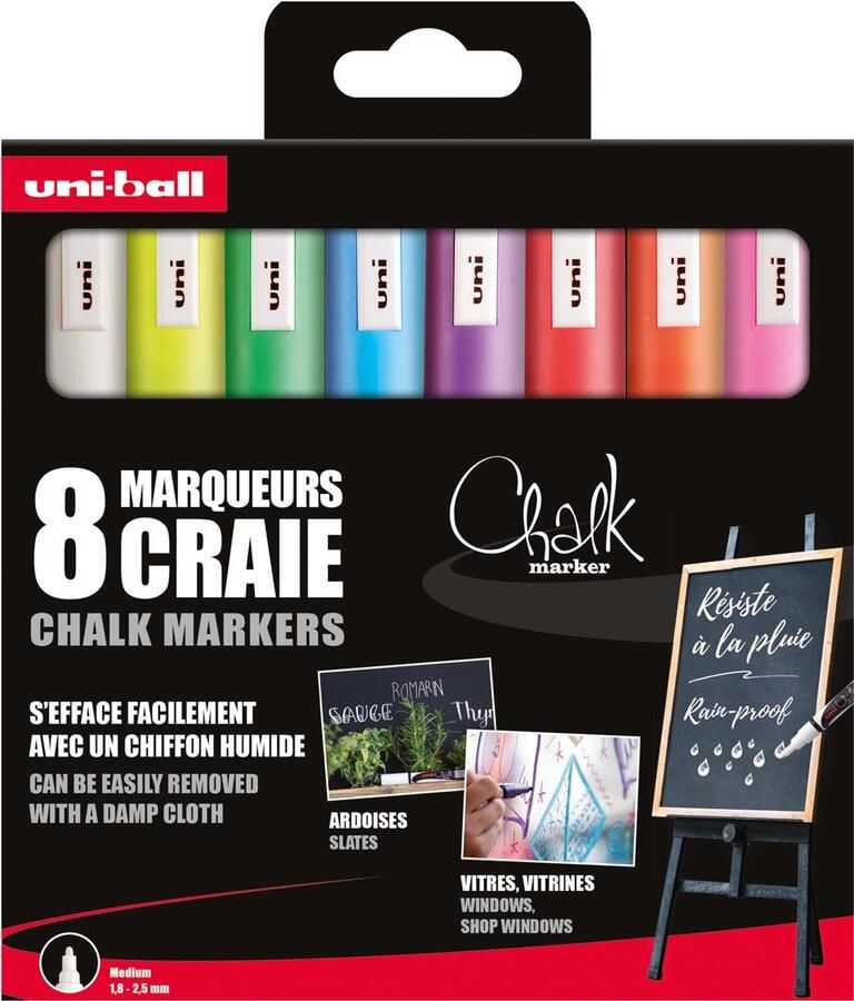 Uni-ball krijtmarker ronde punt 1 8 2 5 mm etui van 8 stuks assorti