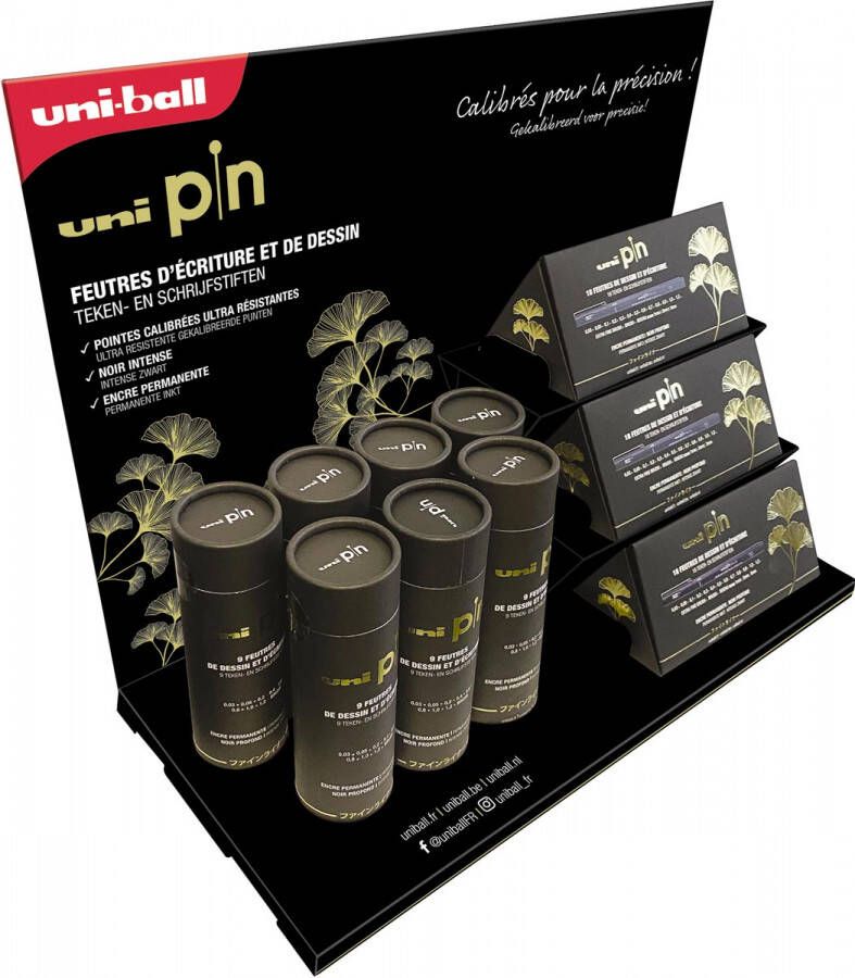 Uni-ball Uni Pin fineliner display van 7 kokers van 9 stuks en 3 driehoekige doosjes van 18 stuks zwart
