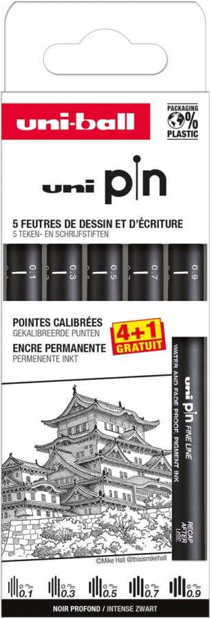 Uni-ball Uni Pin fineliner gekalibreerde punten zwart 0 1-0 3-0 5-0 7-0 9 mm blister van 4 + 1 gratis