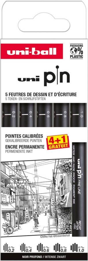Uni-ball Uni Pin fineliner gekalibreerde punten zwart 0 2-0 4-0 6-0 8-1 0 mm blister van 4 + 1 gratis
