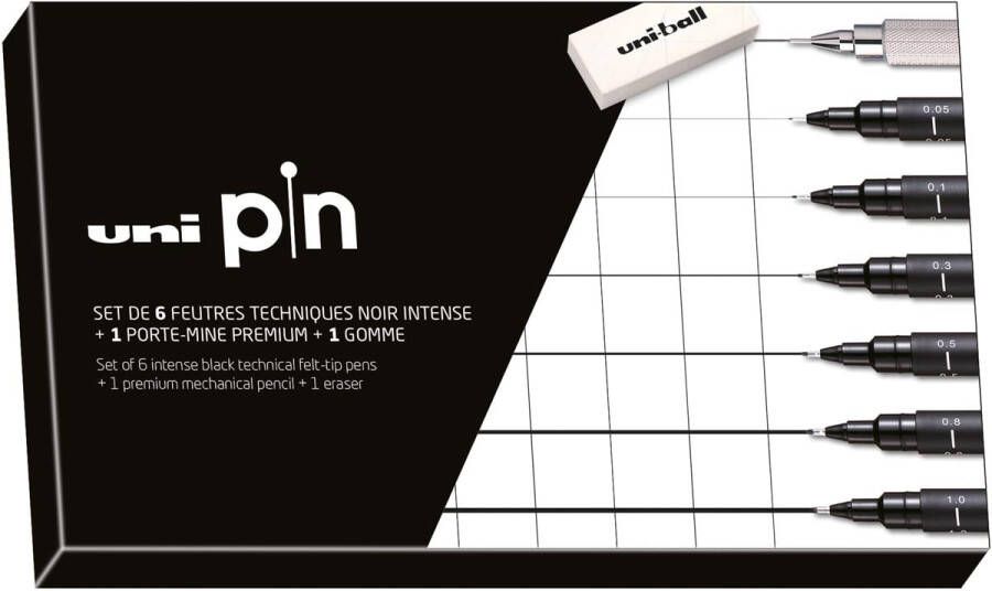 Uni-ball Uni Pin fineliner ronde punt zwart doos van 6 stiften + vulpotlood en gom