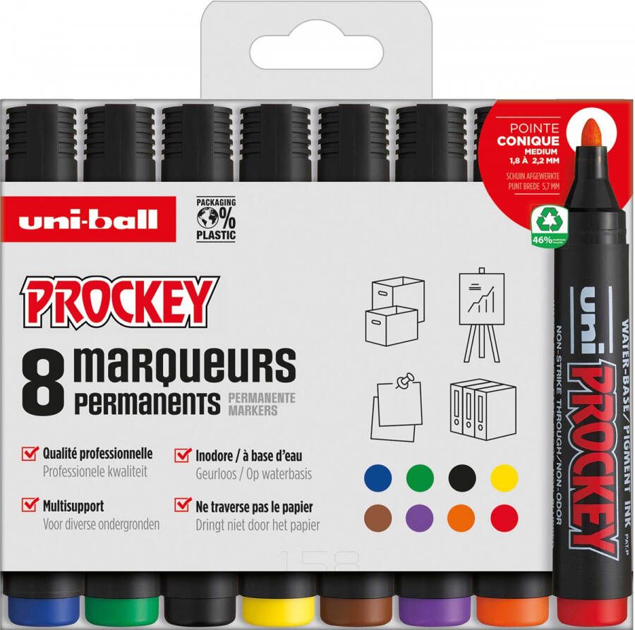 Uni-ball Uni PROCKEY permanent marker PM 122 etui van 8 stuks geassorteerde kleuren