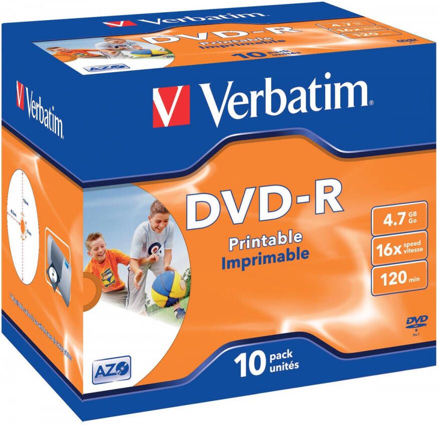 Verbatim DVD recordable DVD-R printbaar doos van 10 stuks individueel verpakt (Jewel Case)
