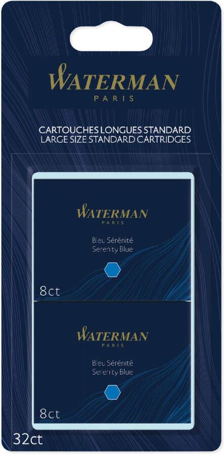 Waterman inktpatronen Standard Long blauw (Serenity) blister van 32 stuks