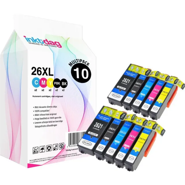 inktdag inktcartridges voor Epson 26XL, multipack van 10 kleuren (2*zwart, 2*foto zwart, 2*C/M/Y) geschikt voor printers Epson Expression Premium XP-510 , XP-520 , XP-600 , XP-605, XP-610, XP-615,XP-620, XP-625, XP-700, XP-710, XP-720, XP-800, XP-810 2 x Zwart