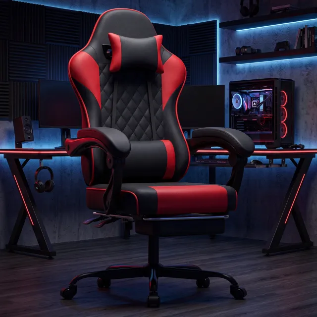 CHICFURN Gamingstoel - Verstelbare rugleuning - Uitschuifbare voetsteun - Zwart-rood Zwart en rood