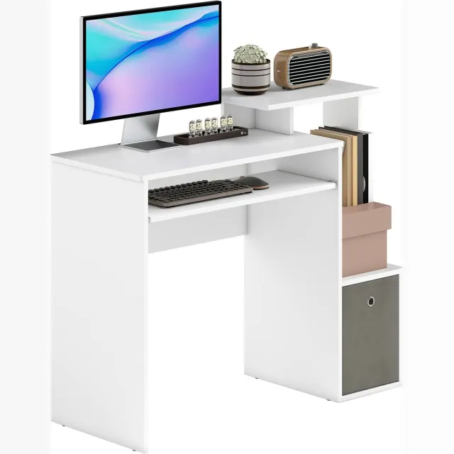 Ropilly Computerbureau met toetsenbordlade - Bureau met opbergruimte en planken - Compact pc bureau voor thuiswerken en studeren - 100x40x86,6 cm - Wit/grijs Wit, grijs