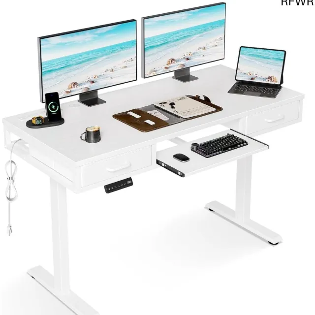 RFWR Hoogte Verstelbaar Elektrisch Bureau met Lades en Stopcontact – 120cm Staand Bureau voor Thuis en Kantoor Wit