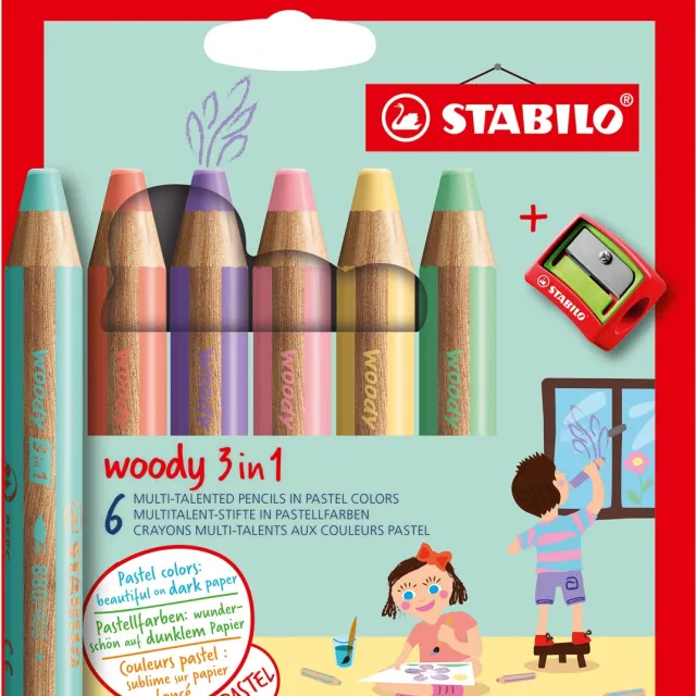 Stabilo woody 3in1 kleurpotlood, etui van 6 stuks in pastel kleuren