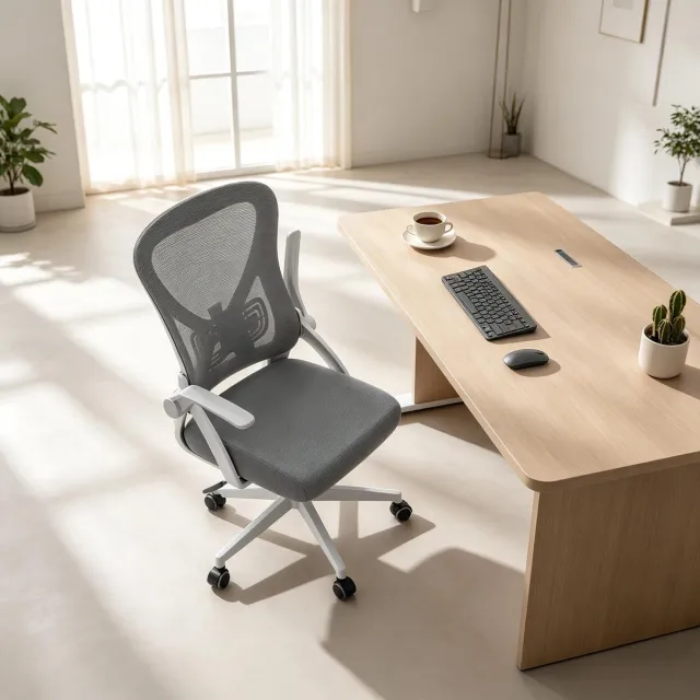 FloraGrace Bureaustoel – Ergonomische Draaistoel 47 x 42 x 102–111,5 cm – Met Kantelbare Rugleuning en Opklapbare Armleuningen – Voor Thuis En Kantoor – Netstof, Metaal, Kunststof – Grijs