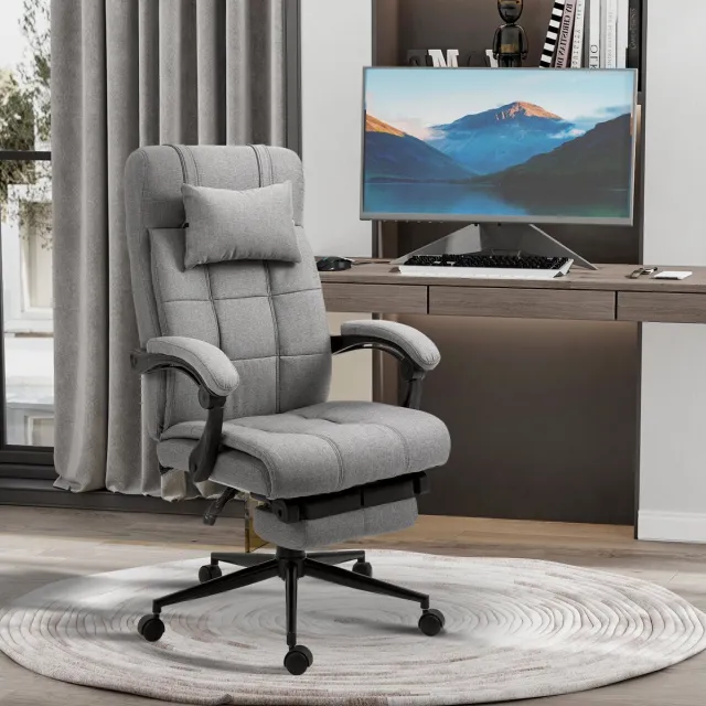 REDOM Bureaustoel - Ergonomisch - Verstelbare armleuningen en hoofdsteun - 360° draaibaar en kantelbaar - Thuiskantoor - Linnen - Lichtgrijs - 66 x 76 x 112-120 cm