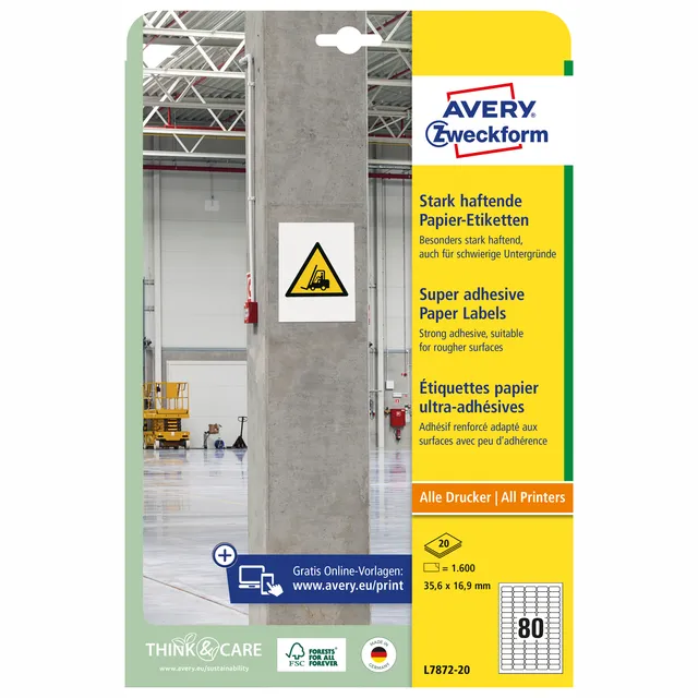 Avery Zweckform Etiket Avery L7872-20 35.6x16.9mm 1600 stuks