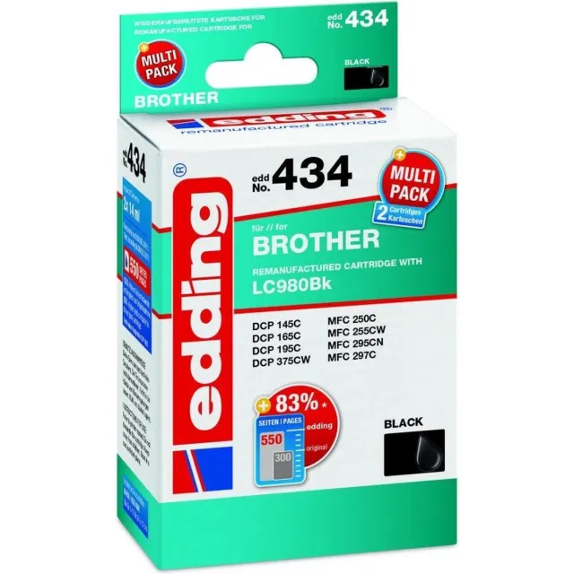 Edding Inktcartridge vervangt Brother LC-980BK Compatibel 2-pack Zwart, Zwart EDD-434 18-434 Kleurloos