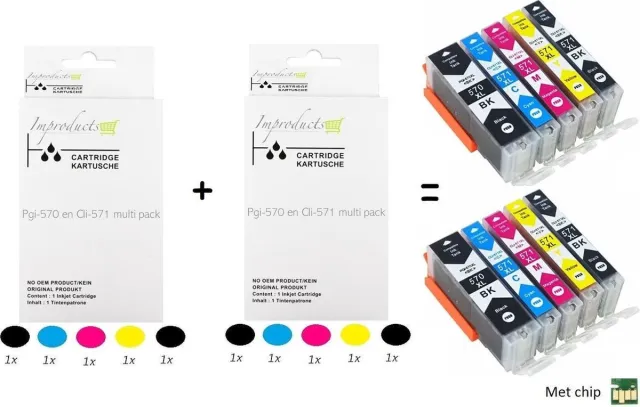 Improducts Inkt cartridges - Alternatief Canon PGI-570 / CLI-571 XL multi pack 10 stuks Multicolor - Zwart (2x), Cyaan (2x), Magenta (2x), Geel (2x) + Zwart foto (2x)