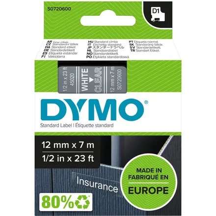 Dymo Labeltape Dymo LabelManager D1 polyester 12mm wit op transparant