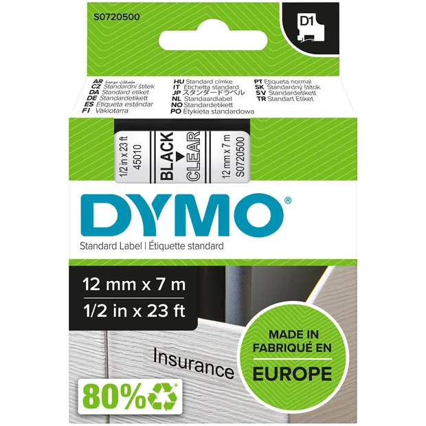 Dymo 45010 (S0720500) Tape Zwart op transparant (12 mm), foto 2