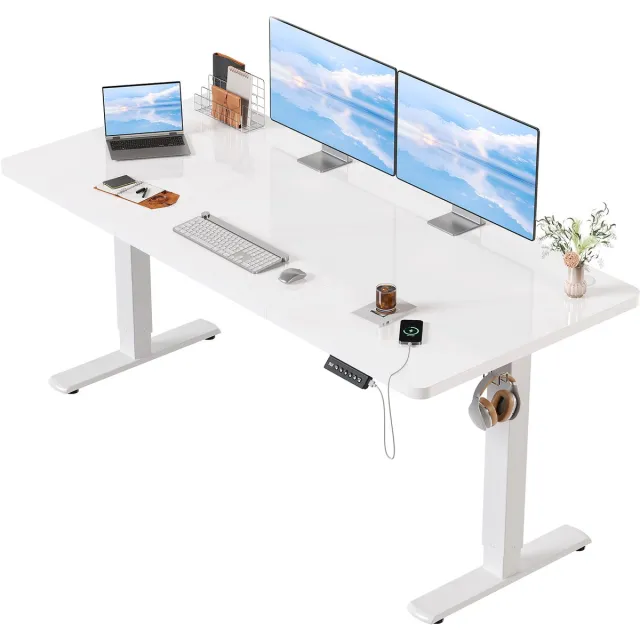 Devoko Elektrisch Zit-Sta Bureau 160x70 cm - E0 Tafelblad - Zit-herinnering - 2 Geheugenstanden - Digitaal Display - Wit frame met wit blad