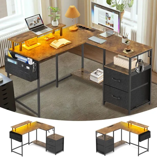 Gudalio Bureau - Hoekbureau - Computertafel - L-vormig - Gaming - LED - Stopcontacten - Bergruimte - Groot - Zwart - Bruin