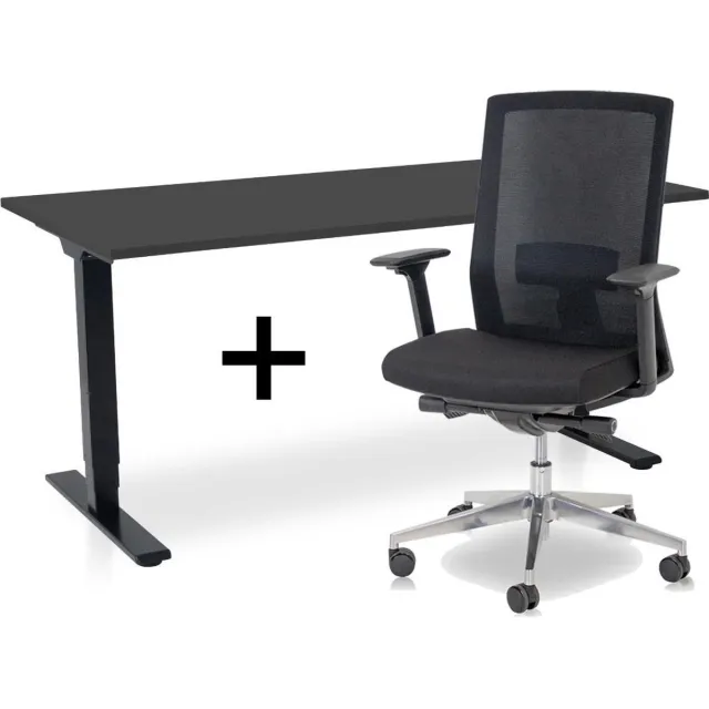 Lineaflex MRC Zit-sta bureau elektrisch verstelbaar + ERGO Bureaustoel | NEN-EN 527 COMFORT Thuiswerkset | frame bureau zwart - bureaublad zwart | 160x80 cm Zwart bureauframe
