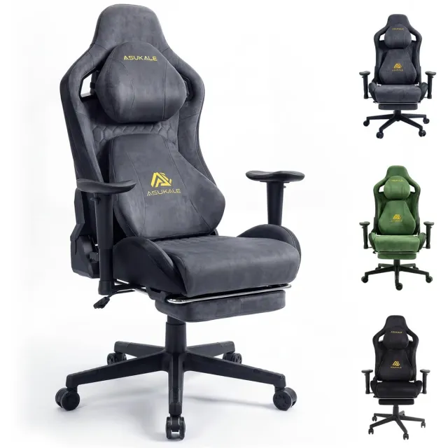ASUKALE Gamingstoel - Ergonomische stoel - Suède - Met voetensteun en 3D-armleuningen - Bureaustoel - Draagvermogen 200 kg - Grijs