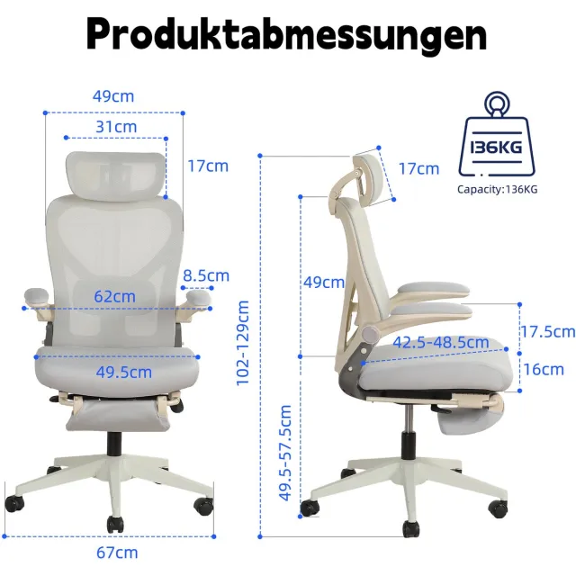 HAUSS SPOLE Ergonomische Bureaustoel - Klapbaar Design - Met 3D Hoofdsteun, Lendensteun En Kantelfunctie - Voor Werk, Studie En Gamen - Mesh Grijs