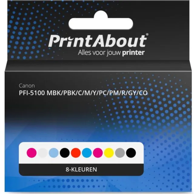 PrintAbout huismerk Inktcartridge PFI-5100 MBK/PBK/C/M/Y/PC/PM/R/GY/CO 8-kleuren Multipack geschikt voor Canon