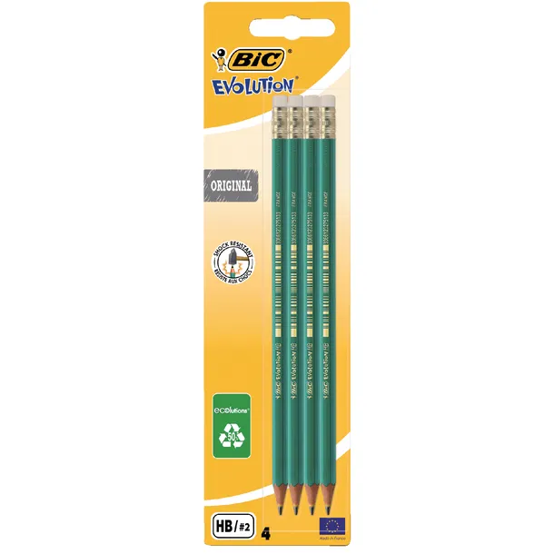 Bic Potlood Bic Evolution ecolutions zeshoekig HB met gumtop blister à 4 stuks