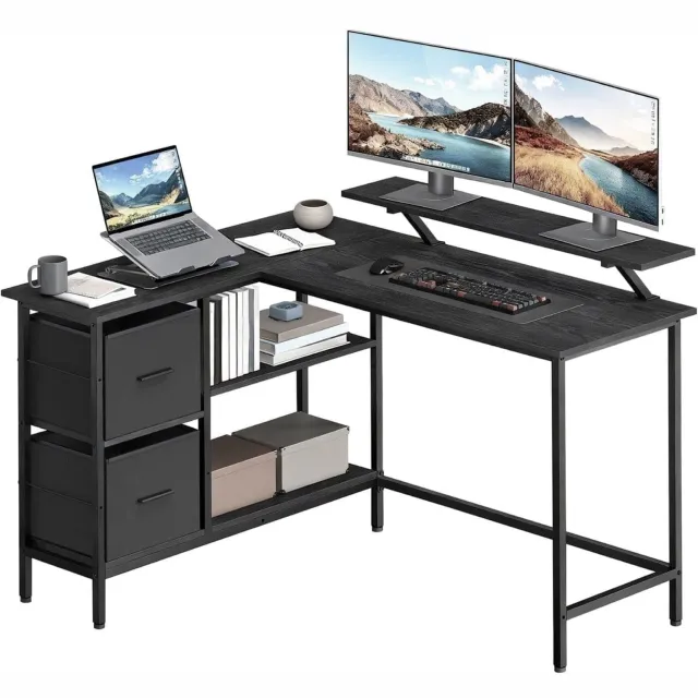 Klarven Hoekbureau Zwart - Hoekbureau met Lades - Corner Desk - 2 Lades, Monitorstandaard en In Hoogte Verstelbare Plank