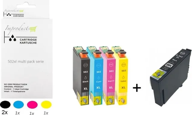 Improducts Inkt cartridges - Alternatief Epson 502XL 502 XL set + zwart Epson 502XL - alleen geschikt voor printers Expression Home XP-5105 XP-5100 Workforce WF-2860DWF WF-2865DWF XP5105 WF-2860 Multicolor - Zwart (2x), Cyaan, Magenta, Geel