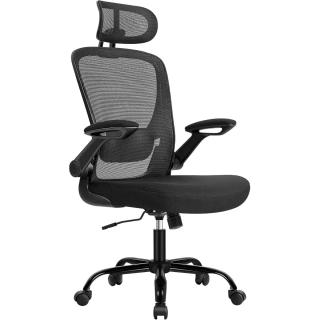 Songmics OBN047B01 Bureaustoel, Ergonomische bureaustoel, Draaistoel met gaas, Gewatteerde lendensteun, schommelfunctie, 53 cm stoel, opklapbare armleuningen, hoofdsteun, inktzwart