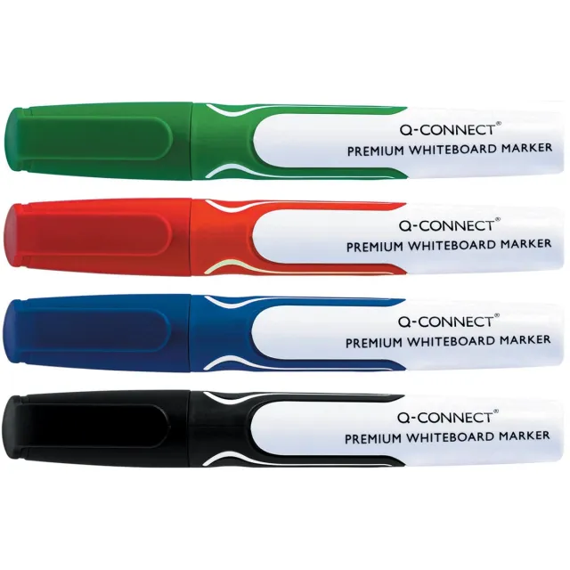 Q-CONNECT Premium whiteboard marker, ronde punt, set van 4 stuks in geassorteerde kleuren blauw