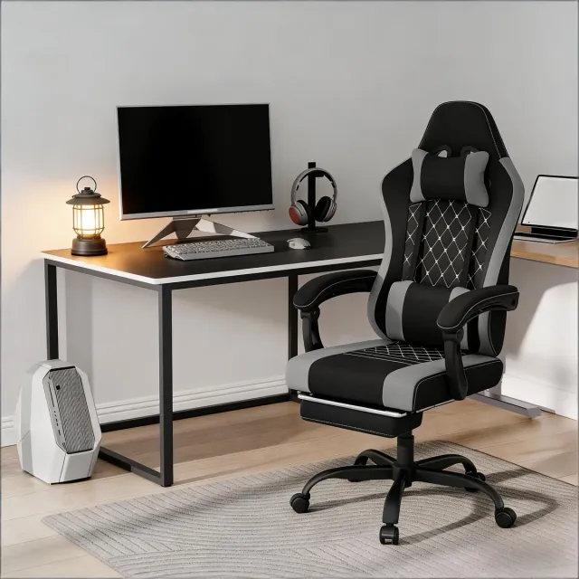 DESMIU Bureaustoel 70 x 70 x 127 cm - Ergonomisch Met Massage Lendenkussen, Voetsteun En Verstelbare Hoogte - Voor Kantoor En Gamen - Mesh En Metaal - Zwart Grijs