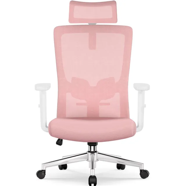 Elekiatech Ergonomische Bureaustoel - Bureaustoel - Bureaustoelen voor Volwassenen - met Verstelbare Hoofdsteun, Armleuningen en Lendensteun - 150 Kg - Roze
