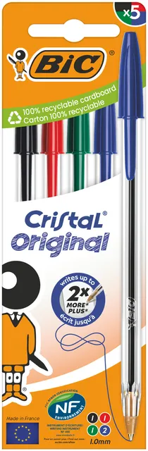 Bic Balpen Bic Cristal medium assorti blister à 5 stuks blauw