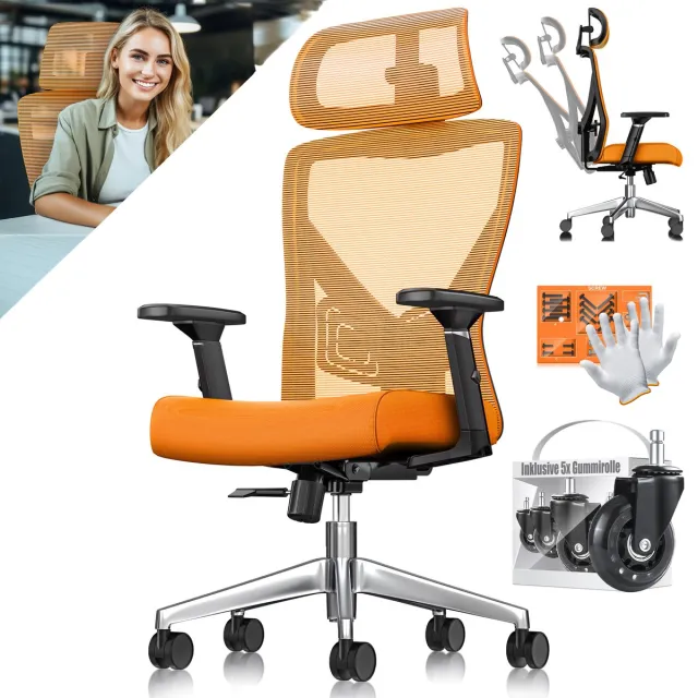 Kesser Bureaustoel Ergonomisch met Hoofdsteun en Lendensteun - Bureaustoelen voor Volwassenen, Verstelbare Armleuningen en Rugleuning - Oranje/Zilver Oranje / Zilver