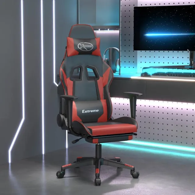 vidaXL Massage - gamestoel - met - voetensteun - kunstleer - zwart - en - wijnrood zwart en wijnrood