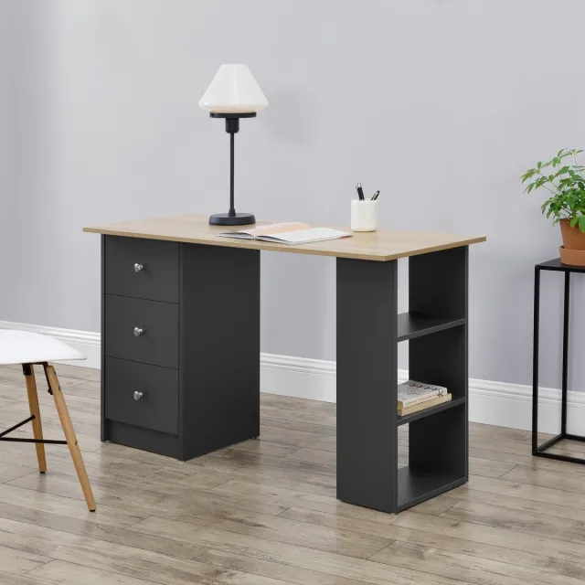 en.casa Bureau Lemberg met 3 lades 120x49x72 cm donkergrijs hout donkergrijs en hout