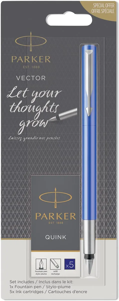 Parker vulpen Vector, blister met vulling, in geassorteerde kleuren blauw