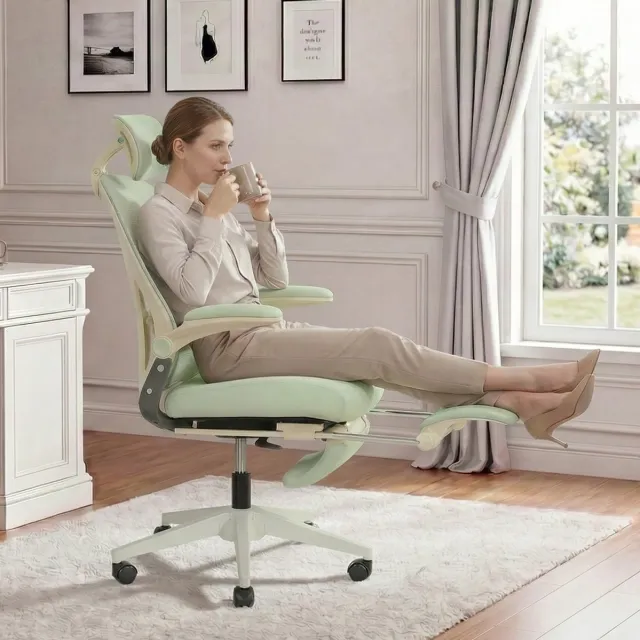 OKWISH Bureaustoel - Verstelbare Ergonomische Bureaustoel 67 x 129 cm - Met 3D Hoofdsteun, Lendensteun, Kantelfunctie en Voetsteun - Voor Werk, Studie en Spel - Mesh en Schuim - Groen Green