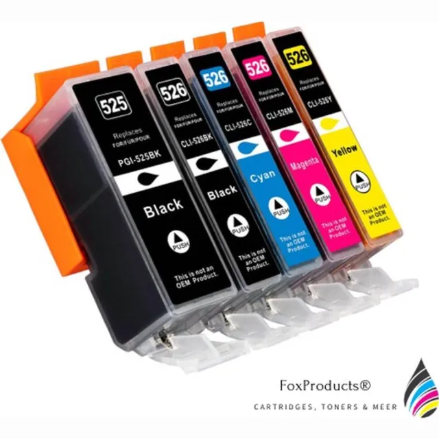 FoxProducts 5x PGI-525 525xl CLI-526 526xl inktcartridge geschikt voor Canon IP-4850 IP-4950 MG-5140 MG-5150 MG-5240 MG-5250 MG-5340 MG-5350 MG-6150 MG-6250 MG-8150 MG-8240 MG-8250 MX-710 MX-715 MX885 Cyaan, Magenta, Yellow, Black, PhotoBlack