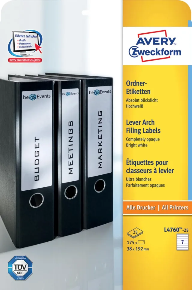 Avery Zweckform L4760-25 ordnerrugetiketten ft 19,2 x 3,8 cm (b x h), 175 etiketten, wit blauw