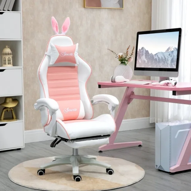 MEUNIQ gamingstoel met voetensteun en hoofd- en lendenkussen, verstelbare zithoogte 44-52 cm, kantelbare bureaustoel voor gamekamer of kantoor, roze Pink