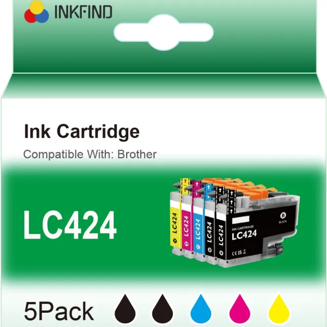 INKFIND LC424 inktcartridge voor Brother LC424 LC-424 BrotherLC424 inktcartridge multipack 5 stuks (Zwart x 2, Cyaan x 1, Magenta x 1, Geel x 1)