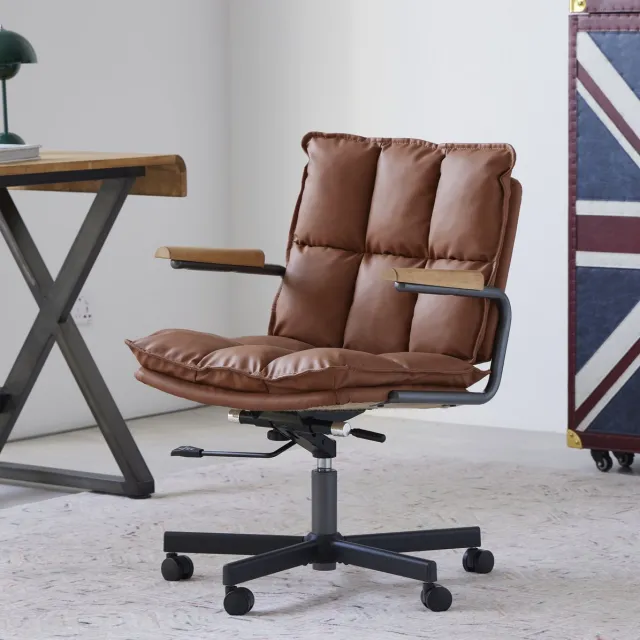 HAUSS SPOLE Bureaustoel - Ergonomisch Design - Met Vaste Armleuningen, Wielen En 360 Graden Draaibaar - Voor Thuiskantoor - Kunstleer Bruin