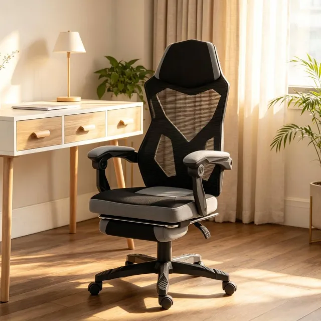 DESMIU Gamingstoel 58 x 63 x 112 122 Cm - Ergonomisch Met Verstelbare Zithoogte En Voetsteun - Voor Kantoor En Gaming - Gaas En Kunststof - Zwart Grijs
