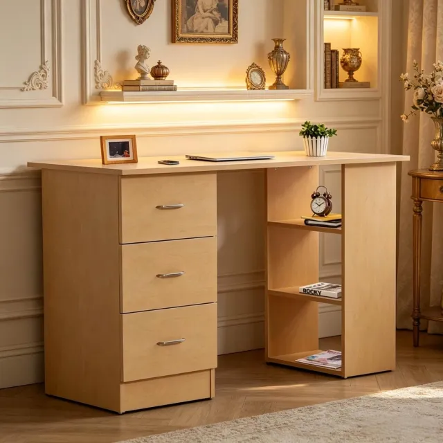 MIVRAY Bureau - Functioneel Computertafel Met 3 Lades En Open Vak - Moderne Werkplek Voor Thuis En Studiekamer - Lichthout - 120x49x72 Cm